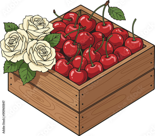 Premium Cherry Gift Box with White Rose Decoration Vector