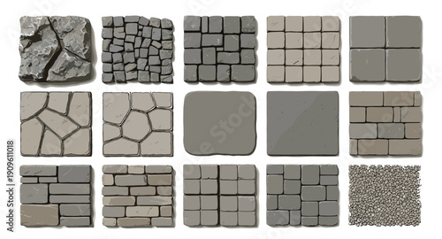 Collection of different stone paving textures and patterns for landscaping and construction