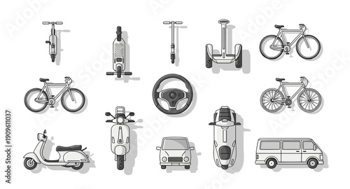 Collection of diverse personal transportation vehicles and a steering wheel, illustrated in a clean line art style