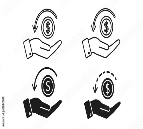 Black and white illustration depicting hands receiving and giving money with circular arrows high quality professional