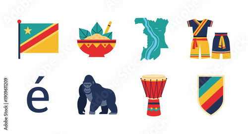 Collection of icons representing the Democratic Republic of Congo culture and symbols