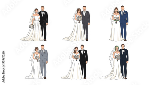 Set of wedding couple vector illustrations featuring bride in white dress with bouquet and groom in various elegant suits and tuxedos.
