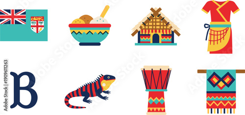 Fiji cultural icons: flag, food, house, clothing, reptile, drum, and textile