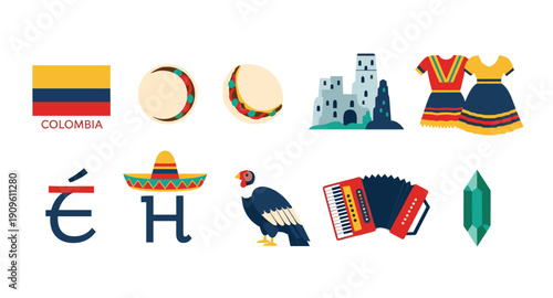 Colombian cultural symbols and landmarks illustrated in a flat design style