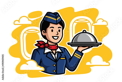 Friendly flight attendant serving food on airplane with warm smile