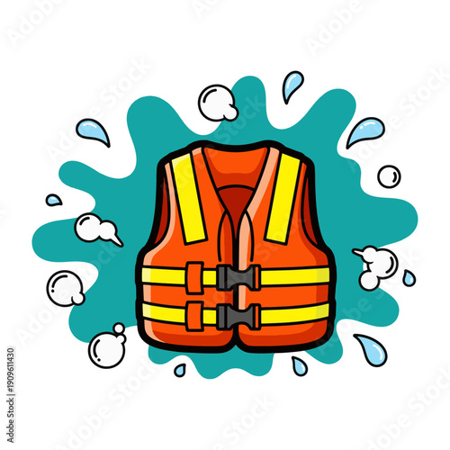 Vibrant orange life jacket with yellow straps and buckles on teal splash background