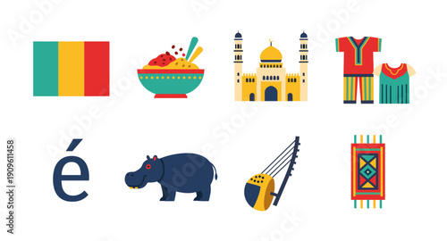 Collection of African cultural symbols and landmarks, including flag, food, mosque, clothing, and animals