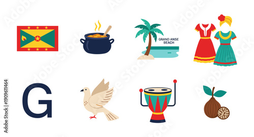 Grenada cultural symbols and landmarks collection, a vibrant illustration of island life