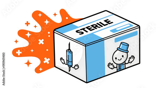 Sterile medical box with cartoon characters and syringe