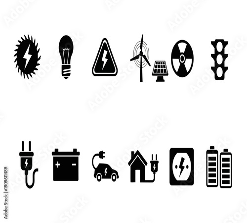 Collection of black silhouette icons representing various power sources and electrical hazards high quality professional detailed