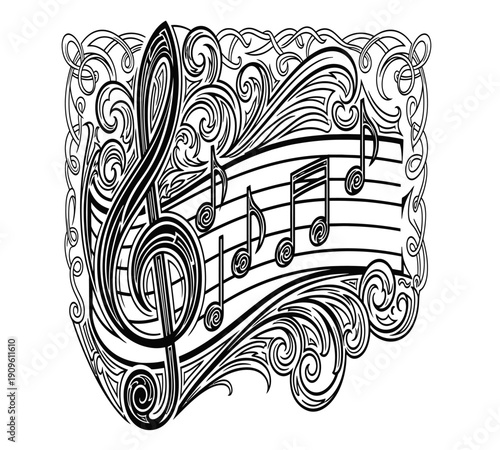 An ornate black and white illustration featuring a treble clef and musical notes within a decorative frame