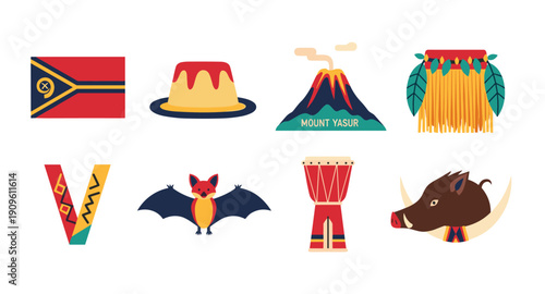 Vanuatu cultural symbols and landmarks illustrated in a flat design style