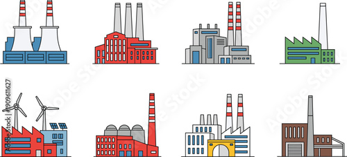 Flat vector set of industrial factory buildings power plants and renewable energy stations with wind turbines and solar panels for manufacturing industry and environmental ecology concepts.