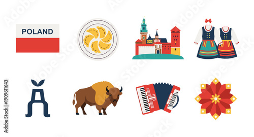 Collection of Polish cultural symbols and landmarks in a flat design style