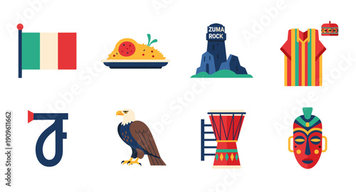Collection of cultural icons including flags, food, landmarks, clothing, and masks