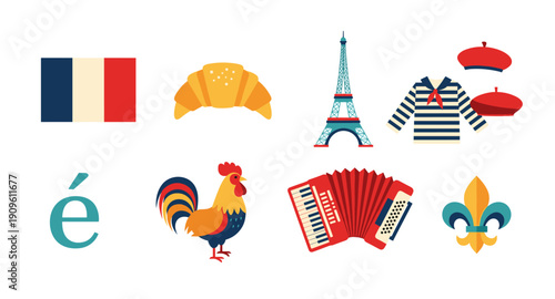 Collection of French cultural symbols and icons on a white background