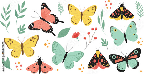Large collection of colorful butterfly and moth vector illustrations featuring various wing patterns and species with green leaves and red berries for spring nature design.