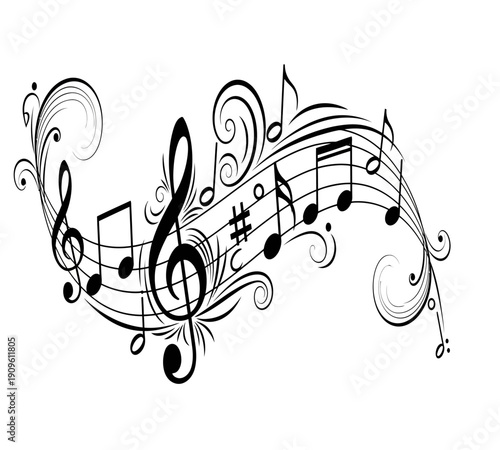 Elegant black and white musical flourish featuring notes clefs and decorative swirls high quality professional detailed