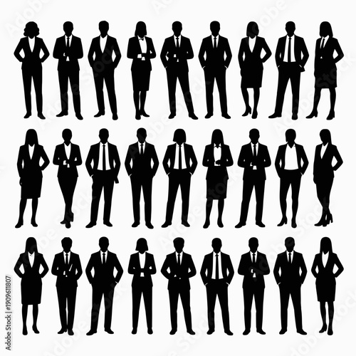 Business people silhouettes, group of standing business men and women 
