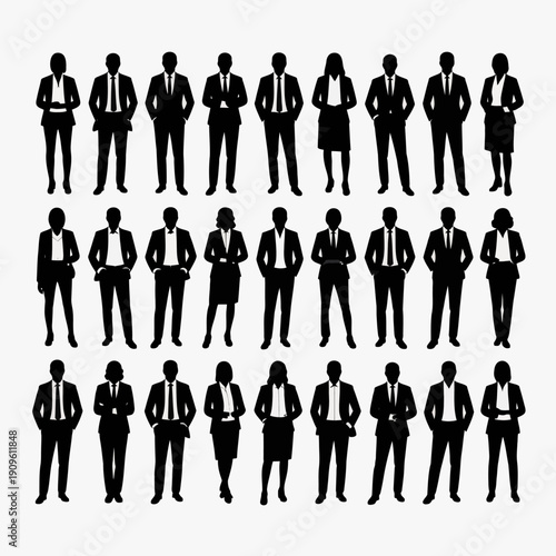 Business people silhouettes, group of standing business men and women 
