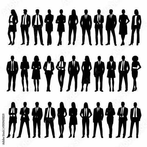 Business people silhouettes, group of standing business men and women 
