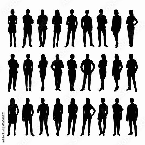 Business people silhouettes, group of standing business men and women 

