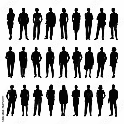 Business people silhouettes, group of standing business men and women 
