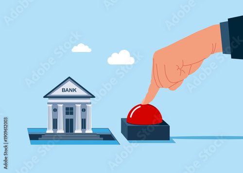 Hand presses the start red button. Push start to open door and to see bank house. Modern vector illustration in flat style