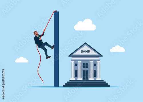 Businessman climb rope to top and get what you want  bank. Business concept, corporate of success, career path. Flat vector illustration