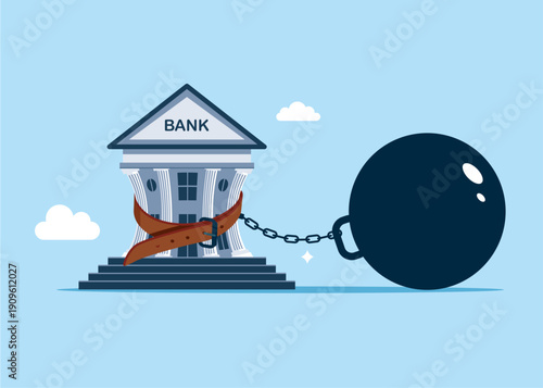 Pay off debt. Bank tighten belt with heavy chain burden, financial crisis in tax. Modern vector illustration in flat style