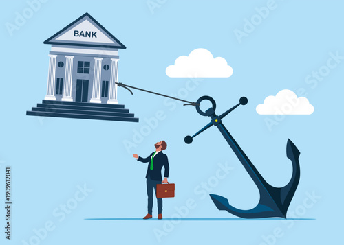 Bank trying hard to fly away forward with anchor. Hard work and struggle in business. Flat vector illustration