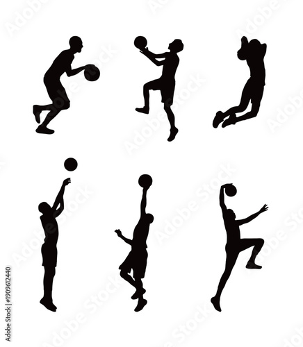 Set of 6 basketball player silhouettes in various action poses. Black vector icons of athletes jumping, shooting, and dunking, perfect for sports logos, posters, and tournament graphics.