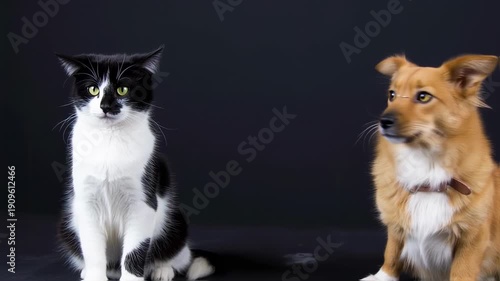 Black and white cat and ginger dog on dark background
