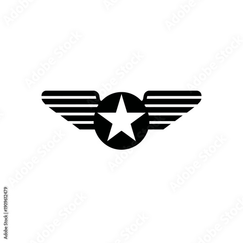 Stylized black pilot wings insignia with star emblem, vintage aviation achievement symbol icon, military air force badge vector design