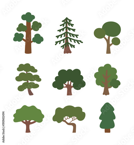 Set of 9 various green tree icons in a simple hand-drawn style. Minimalist flat vector illustrations of pine, oak, and garden trees, ideal for eco-friendly designs, maps, and landscape projects.