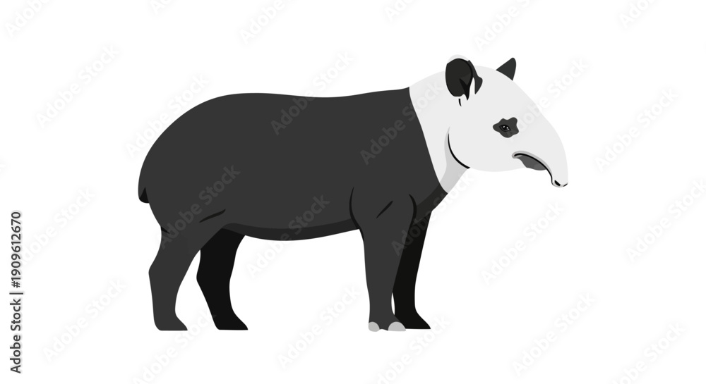 Fototapeta premium Illustration of a black and white tapir standing on a white background.