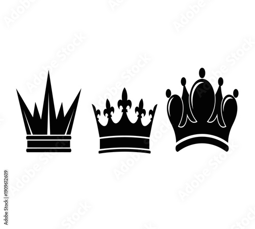 Three black silhouettes of ornate crowns displayed in a row on a white background high quality