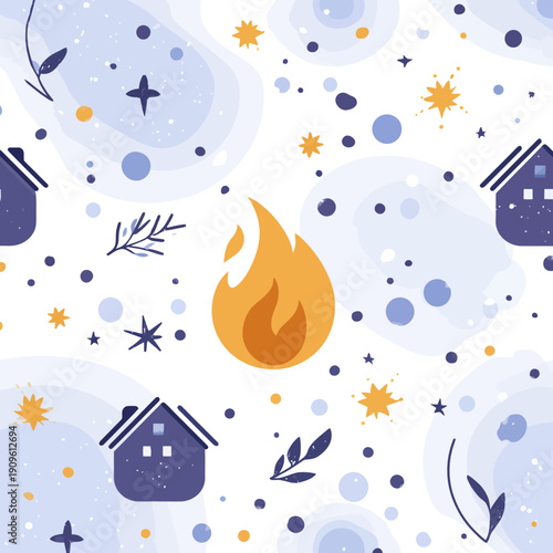 Abstract danger seamless pattern with house and fire flame icons. Home safety, risk, emergency, and warmth concept background