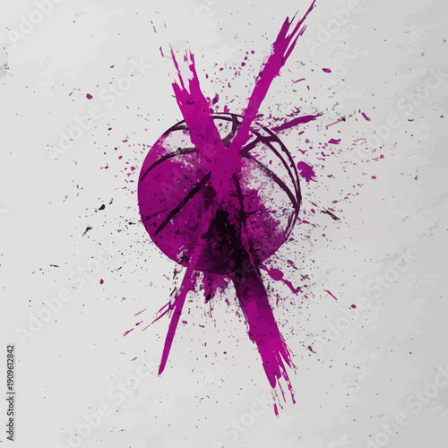 Dynamic purple grunge basketball with an X mark paint splash effect. Abstract splatter sports graphic illustration on textured background.