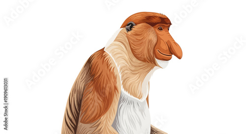 Illustration of a Proboscis Monkey Sitting and Looking to the Side.