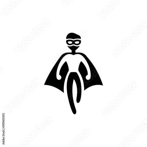 Superhero icon illustration, black silhouette of a masked person with a cape, symbol of power, courage, and heroism.
