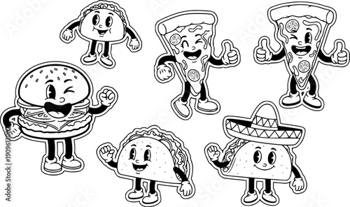 Fast food stickers. Cartoon patches with funny food characters. Groovy 60s cheerful mascots burger, yummy pizza, taco. Trendy comic stickers for cafe take away design project. Vector set