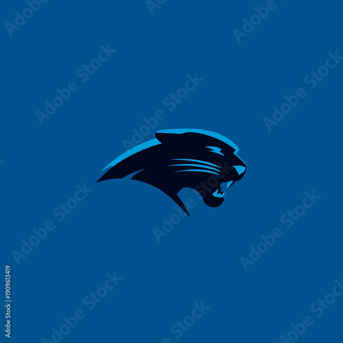 Fierce panther head graphic design on blue background, stylized wildcat emblem, aggressive big cat illustration, predatory feline.