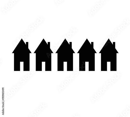 A row of five simple black house silhouettes against a stark white background high quality professional
