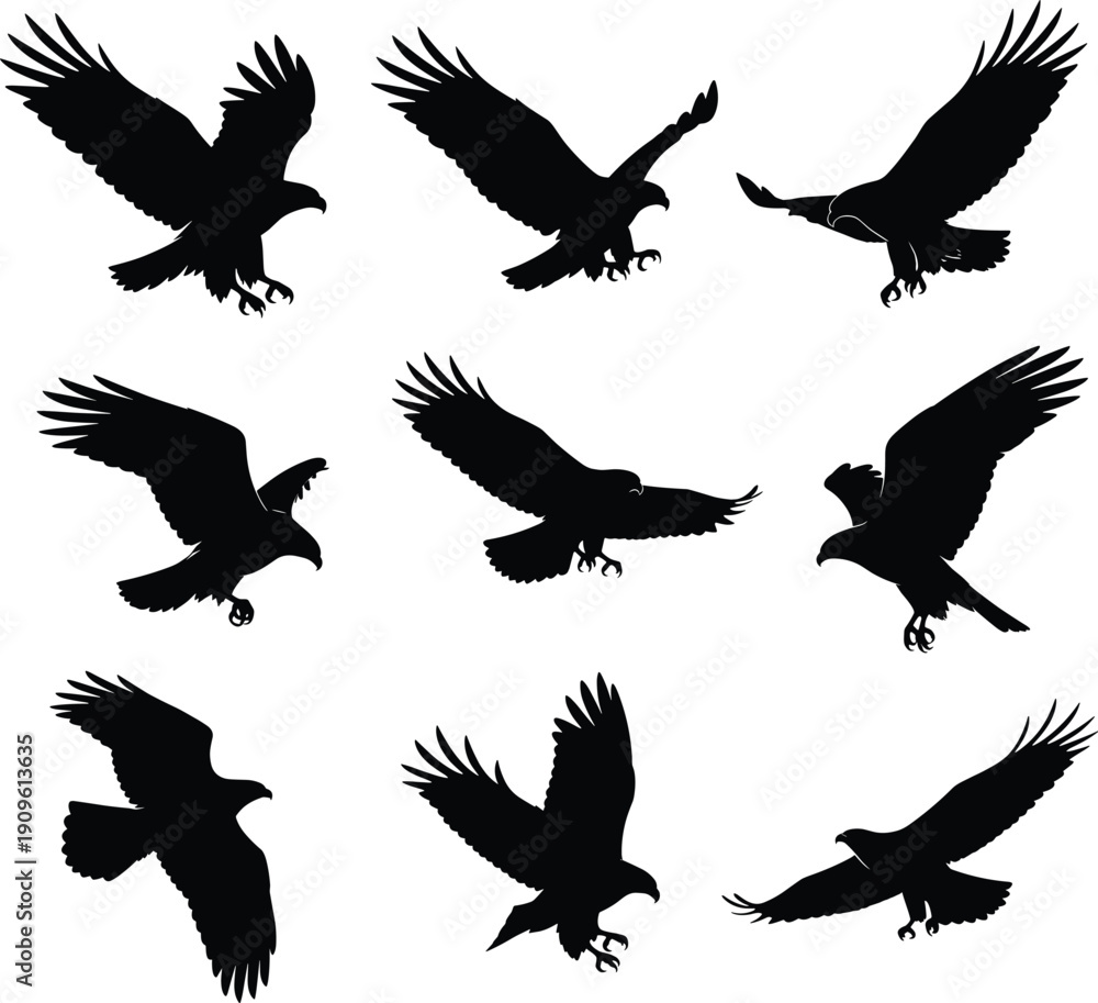 Obraz premium Majestic Black Eagle Silhouette Vector Set Featuring Flying Bald Eagles, Soaring Hawks, and Hunting Falcons for Wildlife Logos, Outdoor Branding, and Patriotic Graphic Designs