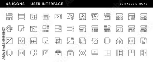 Interface icon set. User interface icons, web page, sidebar, multimedia, browser, wireframe, gallery, profile and more. Editable stroke. Pixel Perfect. Grid base 32 x 32.