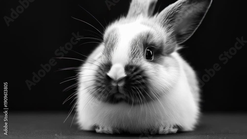 Close-up of a black and white baby rabbit, focused on its face and fluffy fur