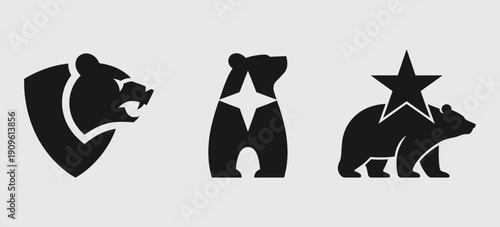 Three black silhouette of bears with shield star and decorative
