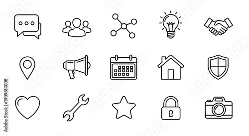 Collection of business and communication icons in a minimalist silhouette