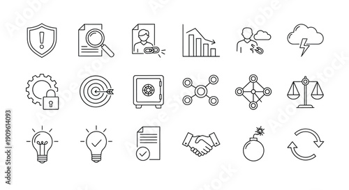 Collection of business and legal icons in a linear style silhouette